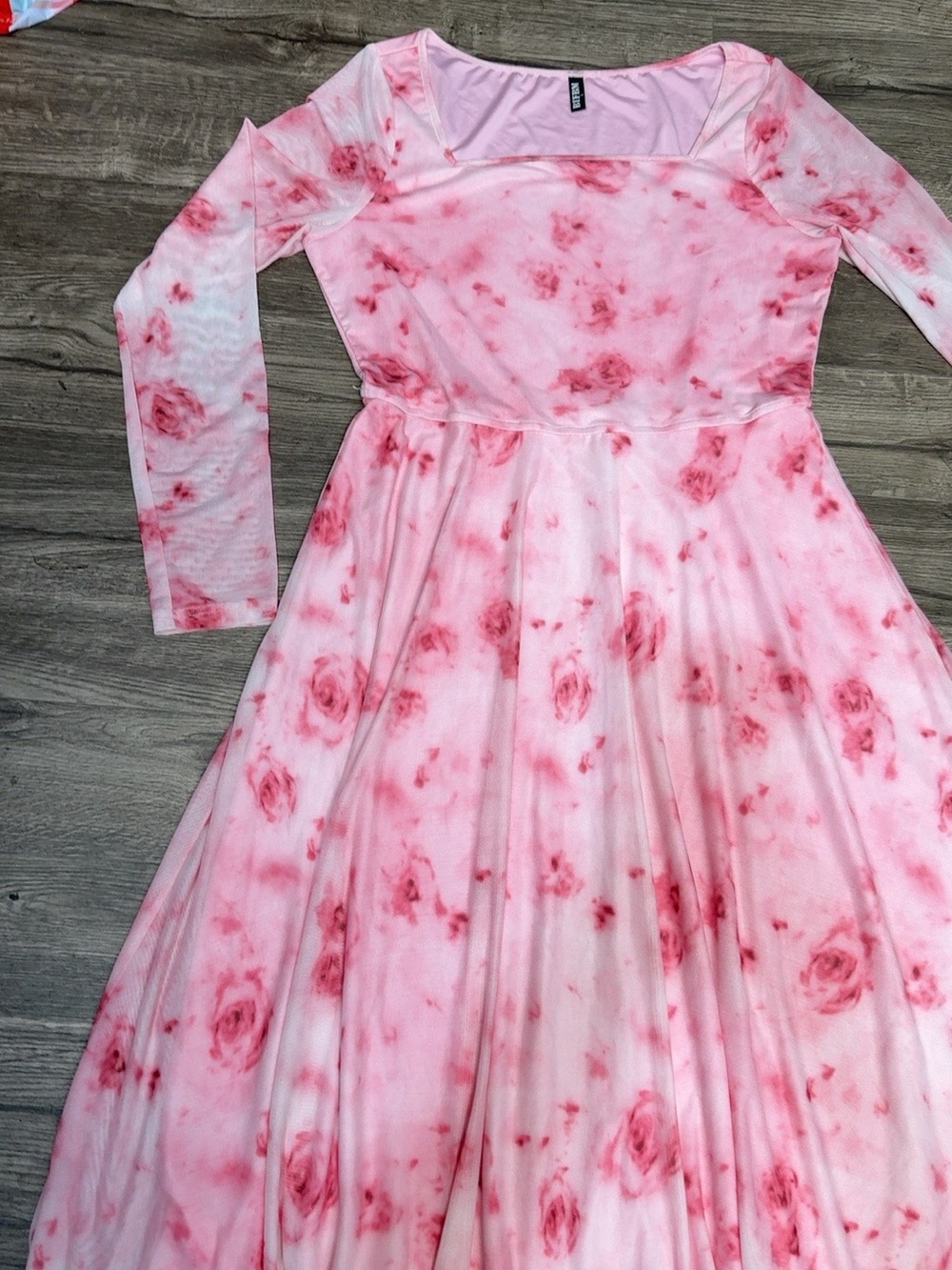 Blush Pink Floral Long-Sleeve Midi Dress with Square Neck Size L - Picture 6 of 10